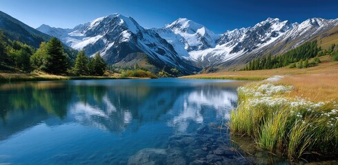 a picturesque mountain landscape with snow-capped peaks, lush green valleys, and crystal-clear lakes reflecting the clear blue sky
