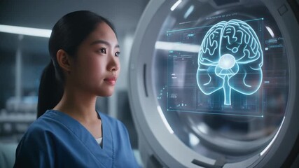 A patient undergoes a futuristic brain scan, showcasing innovative medical technology in a hospital setting. - Powered by Adobe
