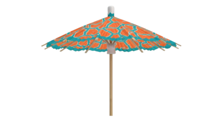 Isolated paper parasol with orange pattern and teal trim for summer tropical drinks garnish