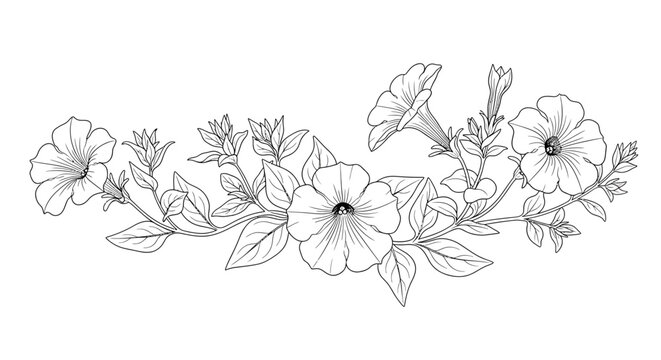 Detailed line art illustration of petunia flowers and leaves on a white background.