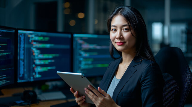Asian woman in office setting with tablet and computer screens - Powered by Adobe