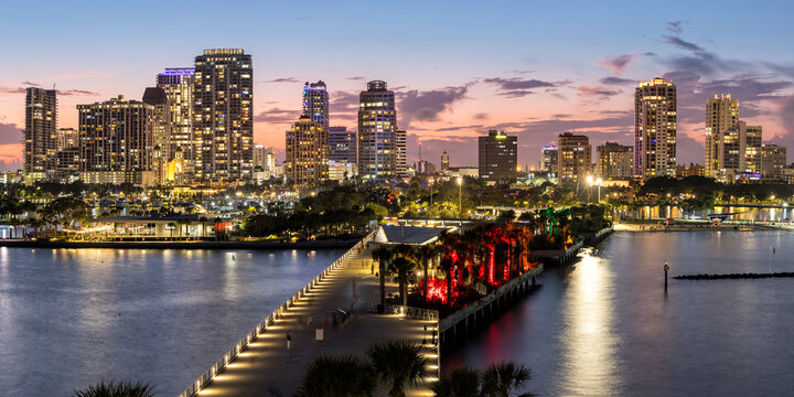 Fototapeta Saint Petersburg Florida skyline from above at Tampa Bay with St. Pete Pier panorama at night in downtown St Petersburg, United States