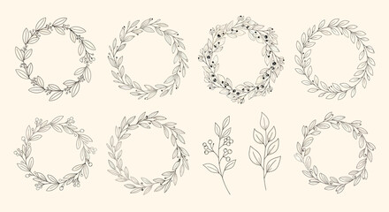 Collection of hand-drawn wreaths and botanical elements.