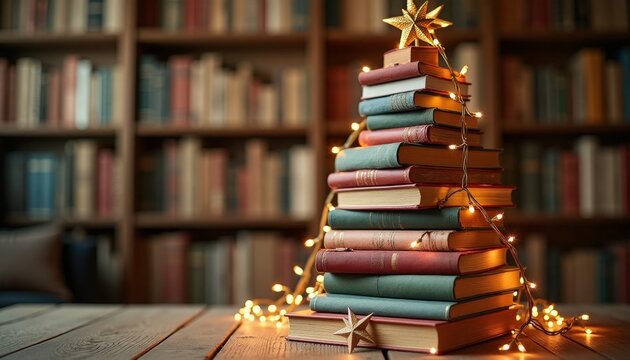 A creative Christmas tree made of stacked books, adorned with a star on top and twinkling fairy lights. The background features a cozy library filled with books.