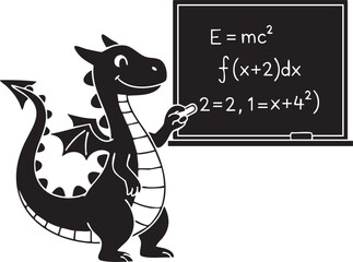 Wise Cartoon Dragon Professor Teaching Science and Math Equations on Blackboard Vector Illustration