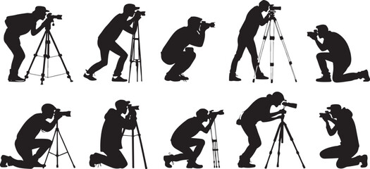 Silhouette of photographers in various poses with cameras and tripods