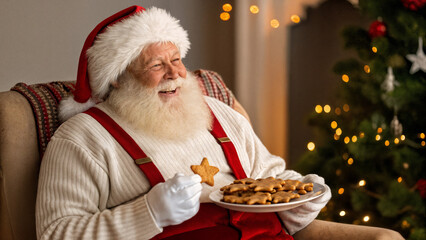 Santa Claus enjoys cookies and milk by the Christmas tree. Close-up of Santa.