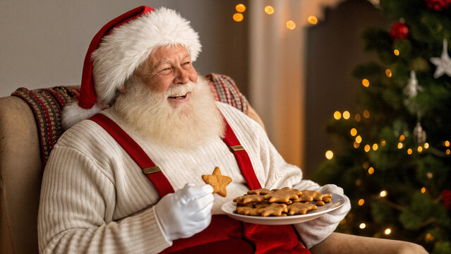 Santa Claus enjoys cookies and milk by the Christmas tree. Close-up of Santa.