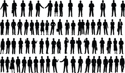 Large Collection of Full-Body Silhouettes of Diverse Business Men and Women Standing, Black Vector Graphic Set for Corporate Workforce, Human Resources, and Demographic Representation.