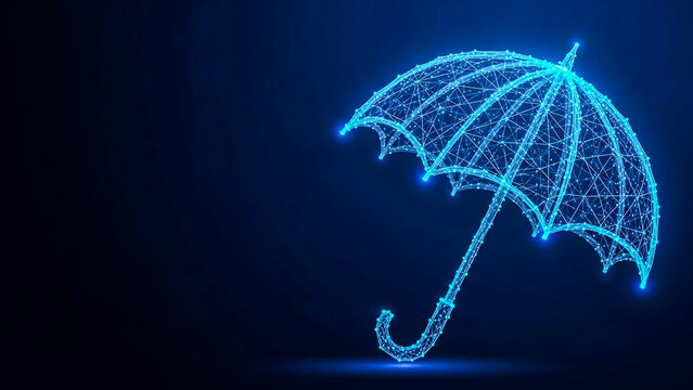 Abstract digital umbrella formed by glowing low poly lines and dots, symbolizing cyber security, data protection, network safety, and online insurance concepts in a modern technological environment.