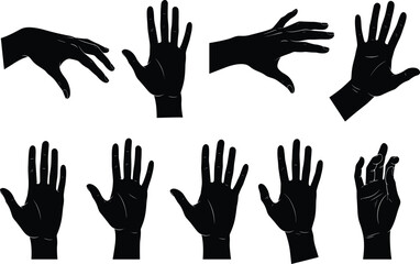 High-contrast black vector silhouette set of diverse human hands showing various gestures, including open palms, reaching, and waving, perfect for digital design and expressive graphic elements.