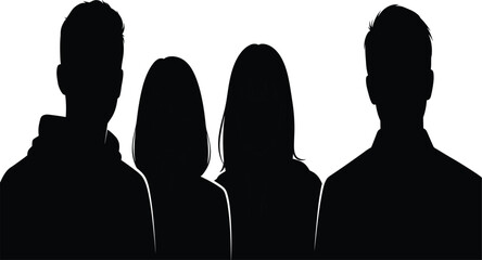 Group black silhouette vector graphic of four diverse people, including two men and two women, designed for anonymous user profiles, social network avatars, and team identity representation projects.