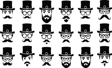 Collection of 18 black silhouette vector icons featuring vintage gentleman faces with diverse mustaches, beards, eyeglasses, and top hats, ideal for retro branding and avatar design.