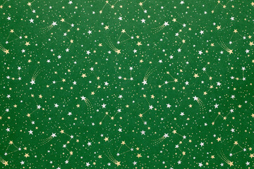 green christmas background with silver and gold stars,seamless pattern of stars on green background,Christmas wrapping paper, Xmas background with ornaments pattern, Festival element, Happy New Year