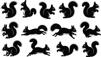Diverse Black Squirrel Silhouettes Vector Set Featuring Sitting, Running, Jumping, and Posing for Wildlife, Autumn, Forest Fauna, and Rodent Animal Design Projects.