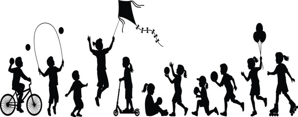 Black Silhouettes of Happy Children Playing Outdoors Vector Set, featuring Kids Riding Bikes, Jumping Rope, Kites,