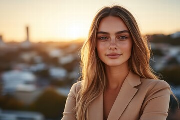 businesswoman in a beige suit standing