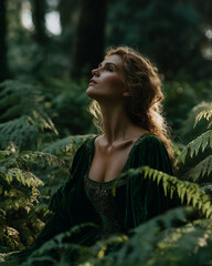 Naklejka premium Lady of the Woods: A serene woman is surrounded by lush ferns, her gaze directed skyward, bathed in dappled light amidst a deep forest. Evoking a sense of tranquil connection with the natural world.