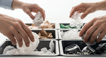 Multiple hands sorting various types of waste into different recycling bins for environmental protection.
