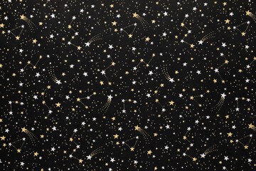 black christmas background with silver and gold stars,seamless pattern of stars on black background,Christmas wrapping paper, Xmas background with ornaments pattern, Festival element, Happy New Year