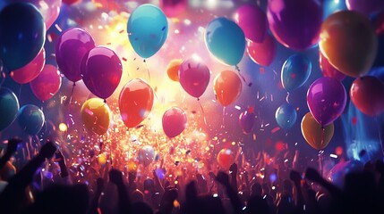 A vibrant party scene filled with colorful balloons and a cheering crowd, creating a festive atmosphere with bright lights and a sense of celebration.