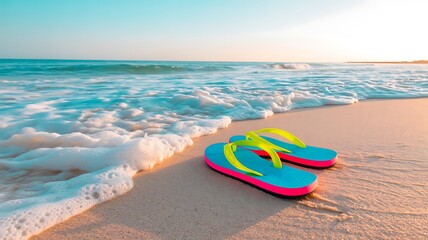 Obraz premium Colorful flip flops on sandy beach with ocean waves at sunrise 