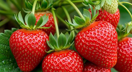 Close-up of ripe, red strawberries hanging on the plant with green leaves, some still ripening, showcasing fresh produce.