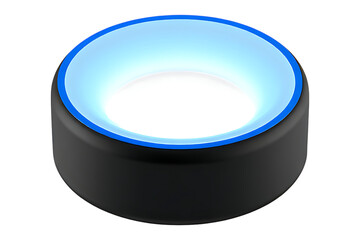 Illuminated circular object with blue glow on black background for technology concepts