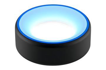 Illuminated circular object with blue glow on black background for technology concepts
