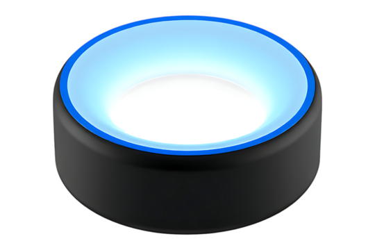 Illuminated circular object with blue glow on black background for technology concepts