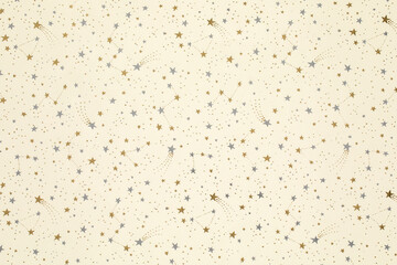 beige christmas background with silver and gold stars,seamless pattern of stars on white background,Christmas wrapping paper, Xmas background with ornaments pattern, Festival element, Happy New Year