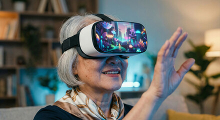 Happy Senior Asian Woman Wearing VR Headset Experiencing Virtual Reality Wonder in Modern Home