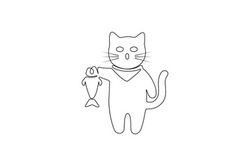 Cat holding a fish in a simple, continuous one line drawing on a white background