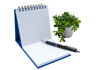 Open notepad with pen and potted plant isolated on transparent background