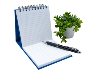 Open notepad with pen and potted plant isolated on transparent background