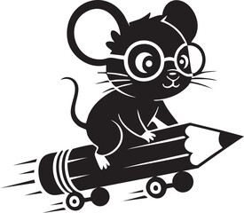 Cartoon Smart Mouse Riding a Pencil Skateboard