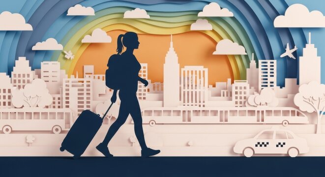 Papercut cityscape illustration of solo female traveler exploring a metropolis