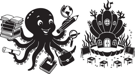 Happy Octopus Teacher with Educational Supplies and Underwater School