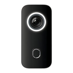 Sleek black 360 camera with illuminated ring on a dark background