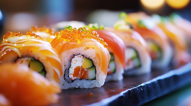 A row of colorful sushi rolls sits on a dark wooden board, garnished with roe and green onions, creating a visually appealing and delicious presentation.