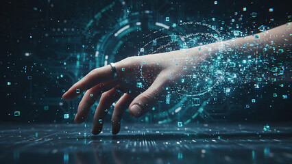 Human Hand Receiving Digital Data Stream in Server Room