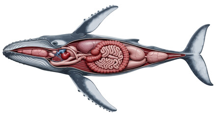 Humpback whale anatomy illustration showing internal organs and digestive system