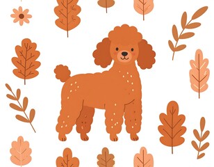 Cartoonish poodle surrounded by various fall leaves on a white background, autumn themed illustration