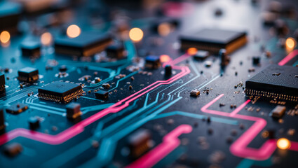 A futuristic abstract technology background with neon lights and glowing circuit lines