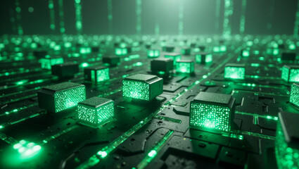 An interconnected cybernetic landscape, with luminous green cubes and glowing pathways