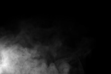 Realistic white smoke or fog effect isolated on black background, perfect for digital design,...