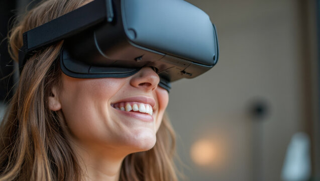 An attractive young woman wearing sleek, futuristic virtual reality glasses