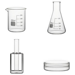 Beaker, Erlenmeyer Flask, Test Tube in Rack, and Petri Dish on White Background graphic design