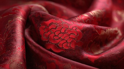 Flowing Red Silk Satin Background, Golden Peony Pattern, Luxury Lunar New Year Backdrop