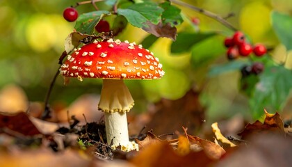 Bright red fly agaric mushroom stands out amidst autumn leaves and berries in a sunny forest